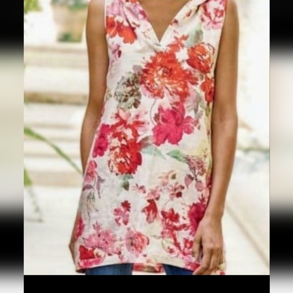 Soft‎ Surroundings Women SZ PL Linen floral hooded sleeveless tunic cottage core